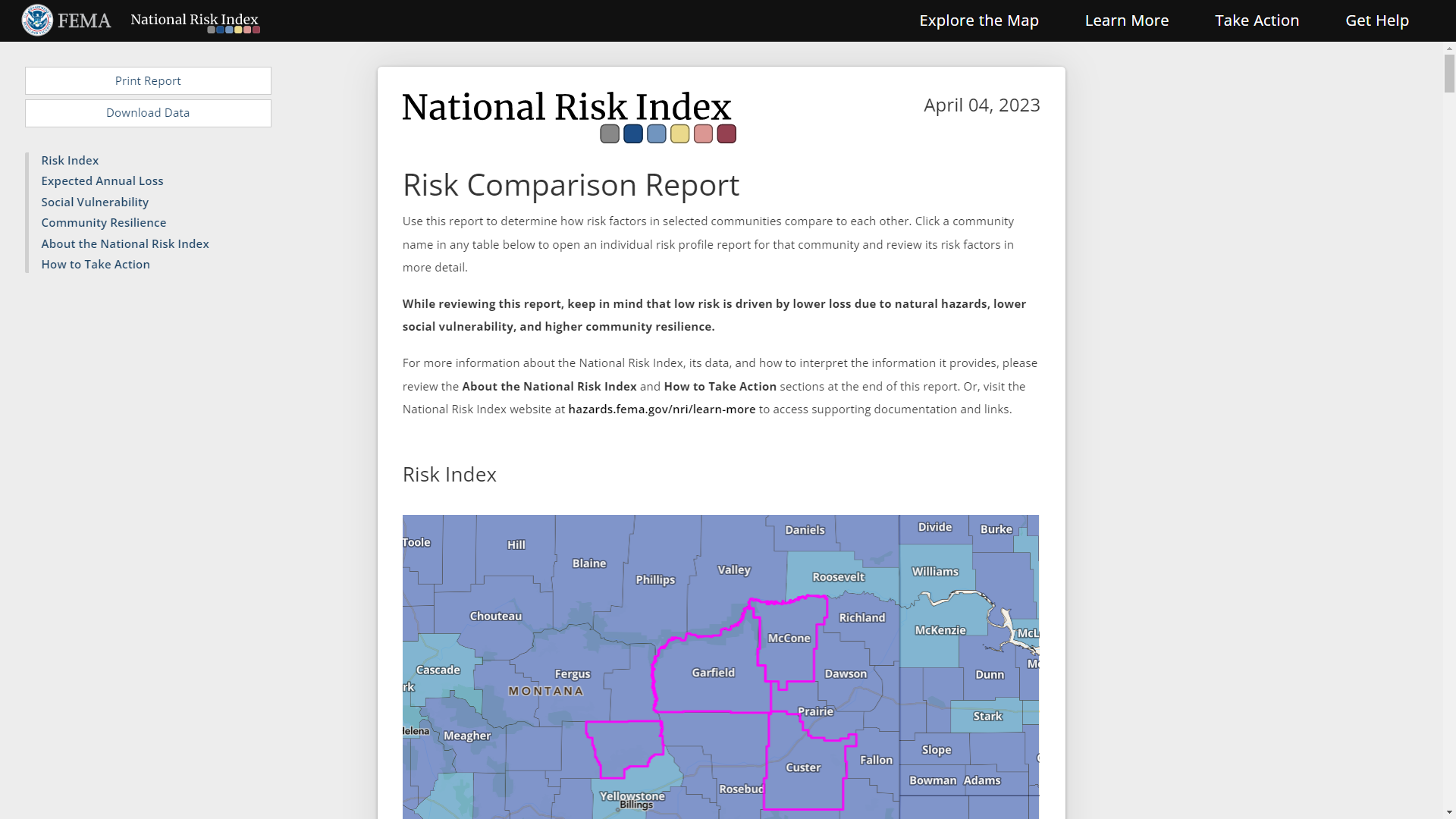 A printable National Risk Index community risk comparison report for multiple counties.